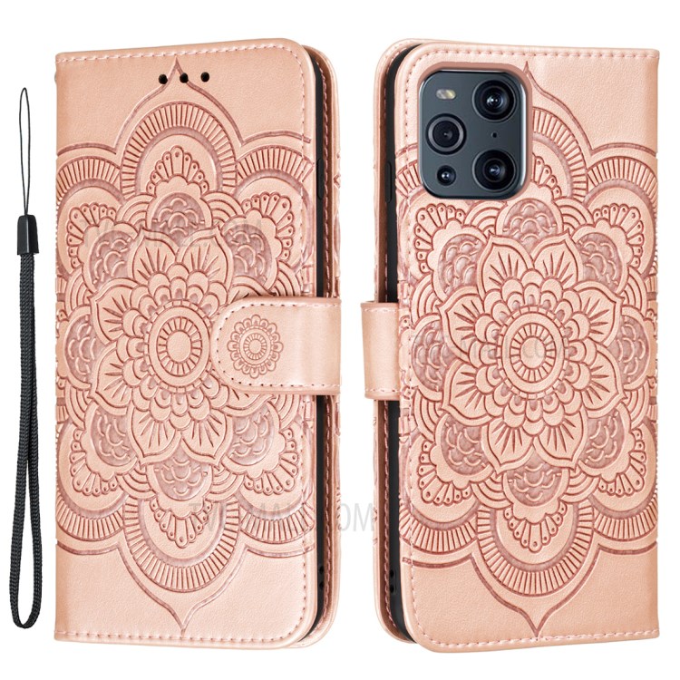 Imprint Mandala Flower Stand Leather Case for Oppo Find X3 Pro / Oppo Find X3 - Rose Gold-1