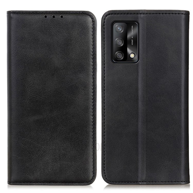 Auto-absorbed Split Leather Wallet Phone Cover with Stand Shell for Oppo F19 / Oppo A74 4G - Black-1