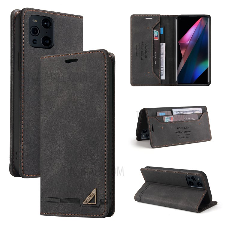 GQ.UTROBE Auto- absorbed Quality Leather Phone Shell Case with Anti-theft Swiping Design for Oppo Find X3 Pro / Oppo Find X3 - Black-10