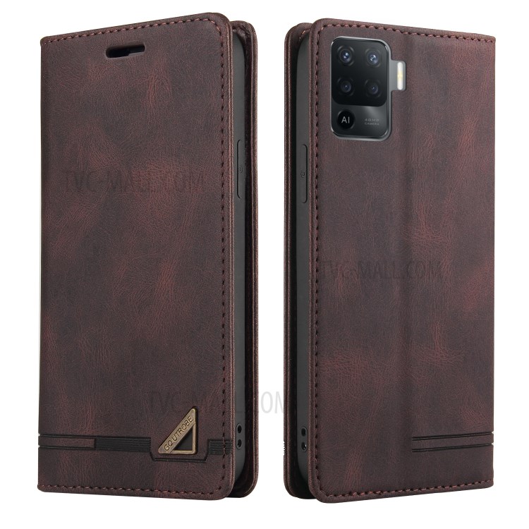 GQ.UTROBE Auto- absorbed Quality Leather Phone Shell Case with Anti-theft Swiping Design for Oppo A94 / Oppo F19 Pro - Coffee-1