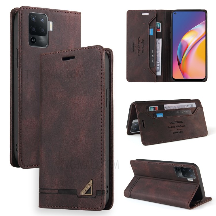 GQ.UTROBE Auto- absorbed Quality Leather Phone Shell Case with Anti-theft Swiping Design for Oppo A94 / Oppo F19 Pro - Coffee-10