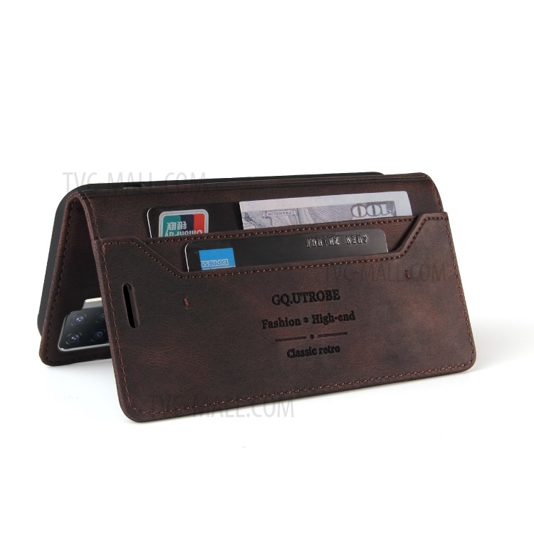 GQ.UTROBE Auto- absorbed Quality Leather Phone Shell Case with Anti-theft Swiping Design for Oppo A94 / Oppo F19 Pro - Coffee-2