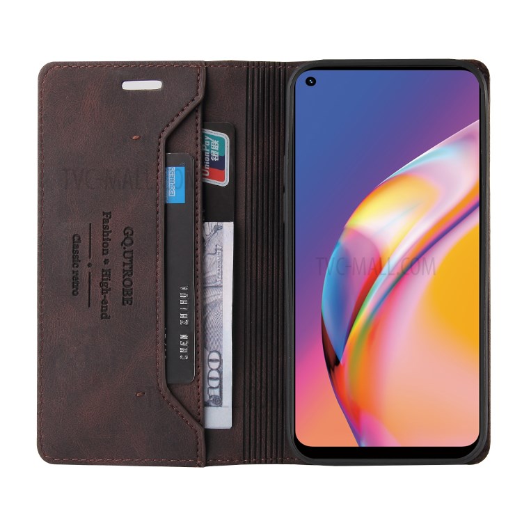 GQ.UTROBE Auto- absorbed Quality Leather Phone Shell Case with Anti-theft Swiping Design for Oppo A94 / Oppo F19 Pro - Coffee-4