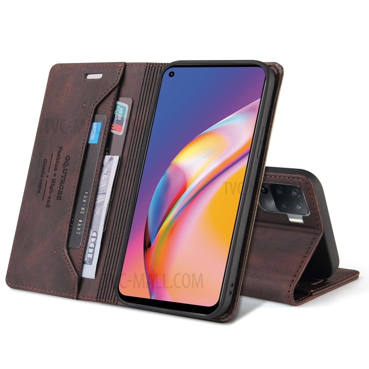 GQ.UTROBE Auto- absorbed Quality Leather Phone Shell Case with Anti-theft Swiping Design for Oppo A94 / Oppo F19 Pro - Coffee-5