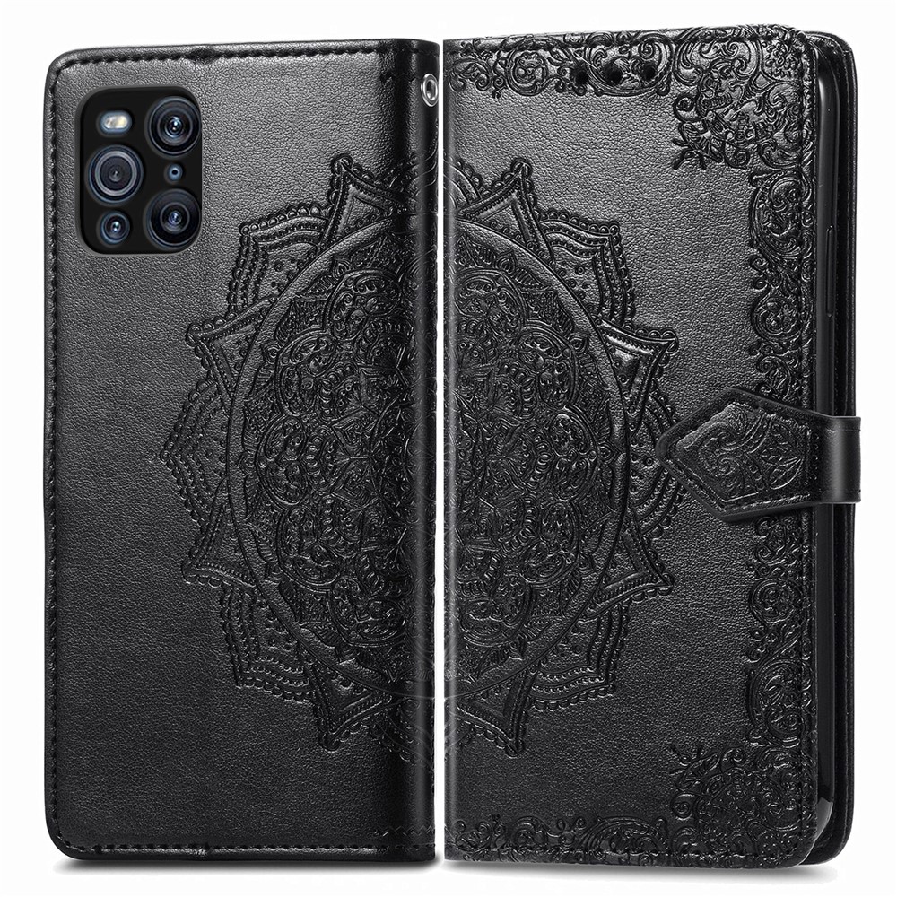 Embossed Mandala Flower Leather Case with Wallet Stand for Oppo Find X3 Pro - Black-1