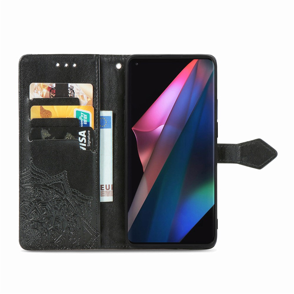 Embossed Mandala Flower Leather Case with Wallet Stand for Oppo Find X3 Pro - Black-11