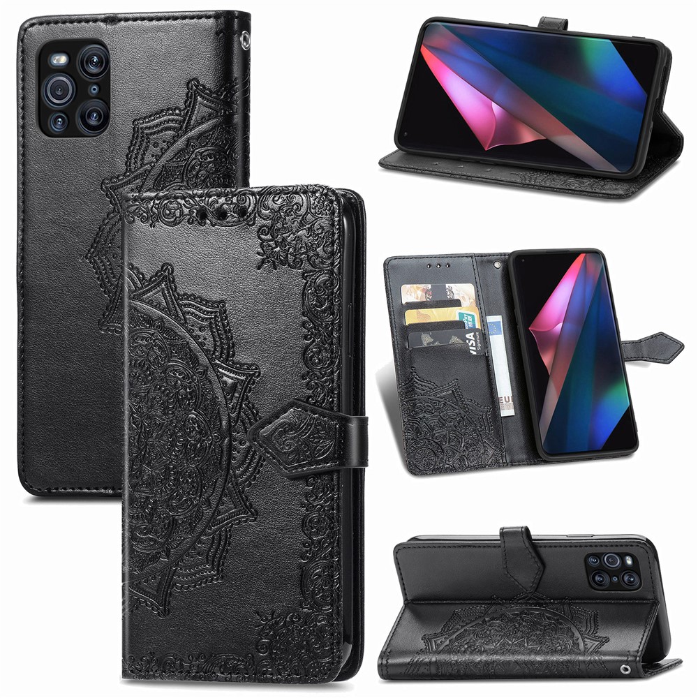 Embossed Mandala Flower Leather Case with Wallet Stand for Oppo Find X3 Pro - Black-12