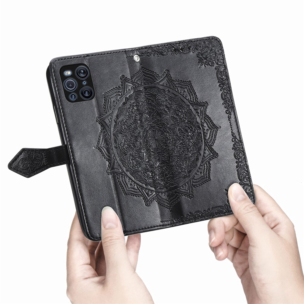 Embossed Mandala Flower Leather Case with Wallet Stand for Oppo Find X3 Pro - Black-4