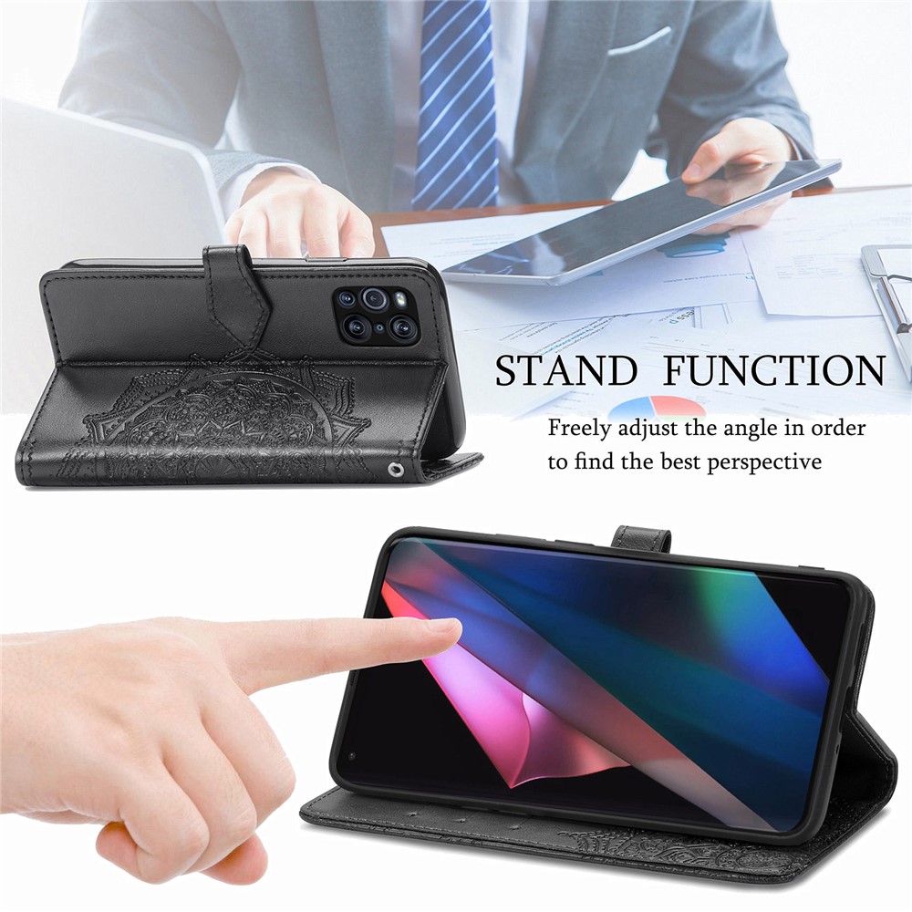 Embossed Mandala Flower Leather Case with Wallet Stand for Oppo Find X3 Pro - Black-5