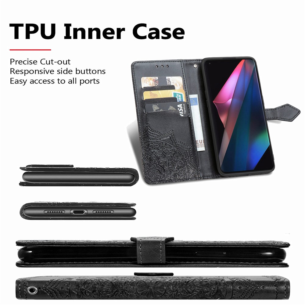 Embossed Mandala Flower Leather Case with Wallet Stand for Oppo Find X3 Pro - Black-6