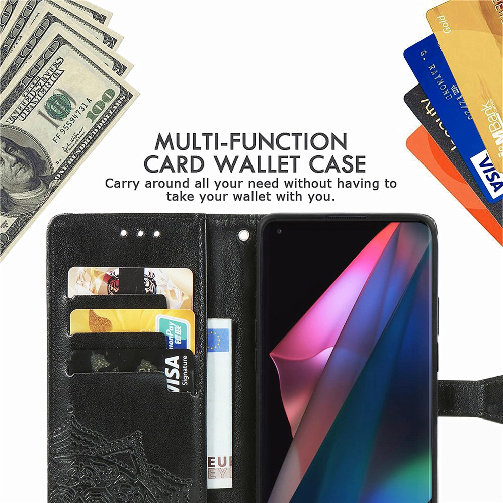 Embossed Mandala Flower Leather Case with Wallet Stand for Oppo Find X3 Pro - Black-9