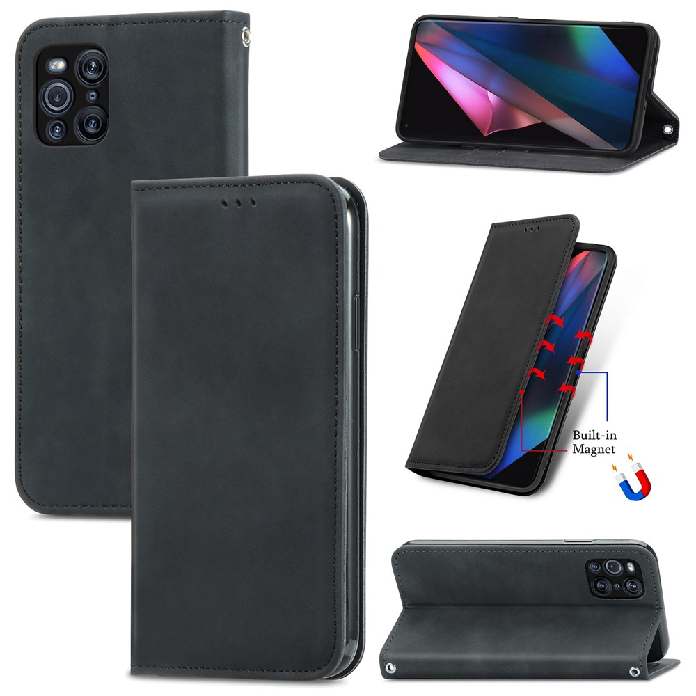 Auto-absorbed Vintage PU Leather Phone Casing for Oppo Find X3 Pro - Black-12