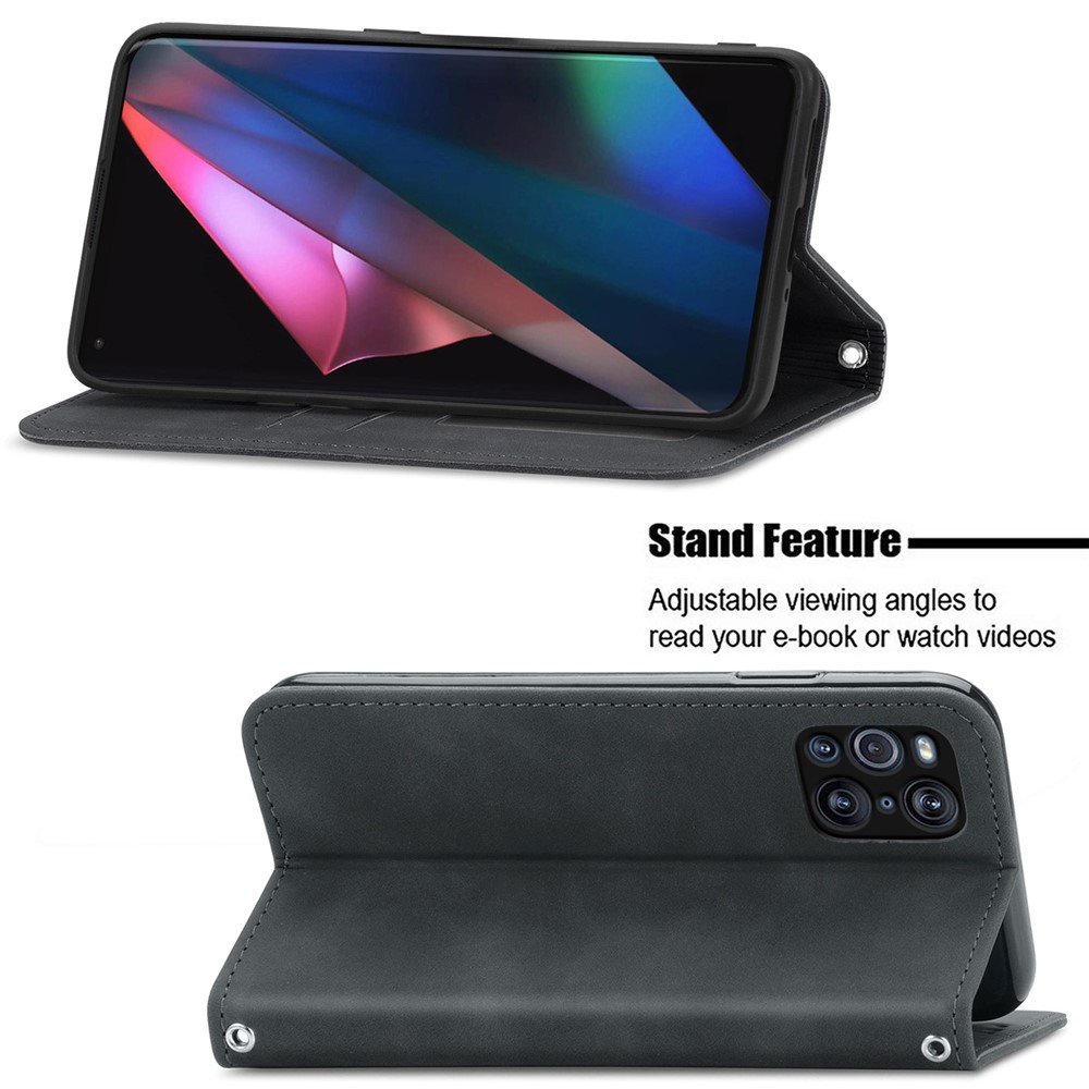 Auto-absorbed Vintage PU Leather Phone Casing for Oppo Find X3 Pro - Black-3