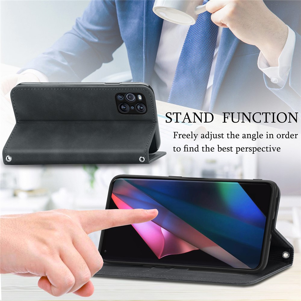 Auto-absorbed Vintage PU Leather Phone Casing for Oppo Find X3 Pro - Black-9
