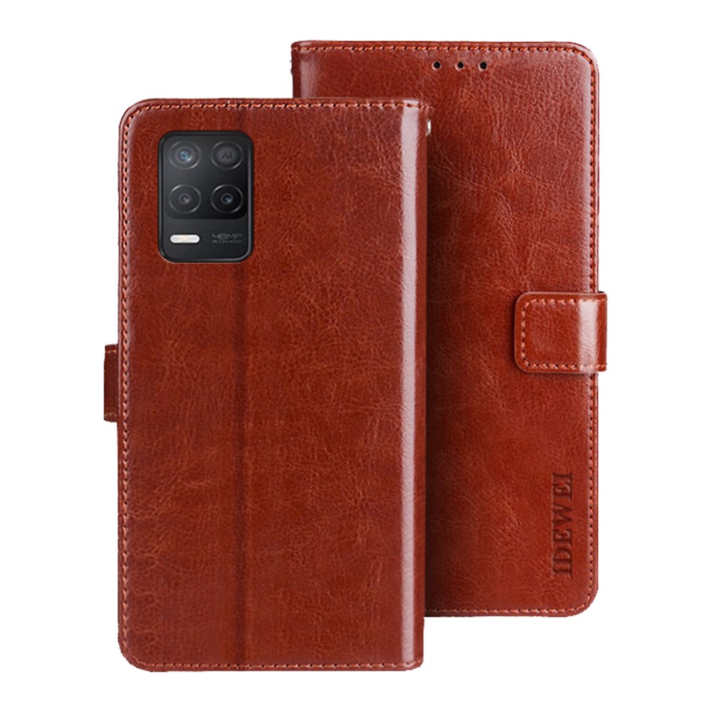 IDEWEI Folio Flip Crazy Horse Texture Leather Casing with Wallet Stand for Realme 8 5G - Brown-1