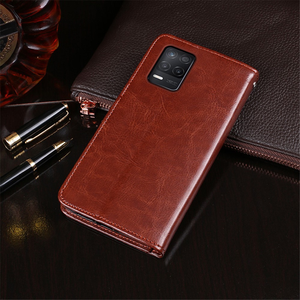 IDEWEI Folio Flip Crazy Horse Texture Leather Casing with Wallet Stand for Realme 8 5G - Brown-10