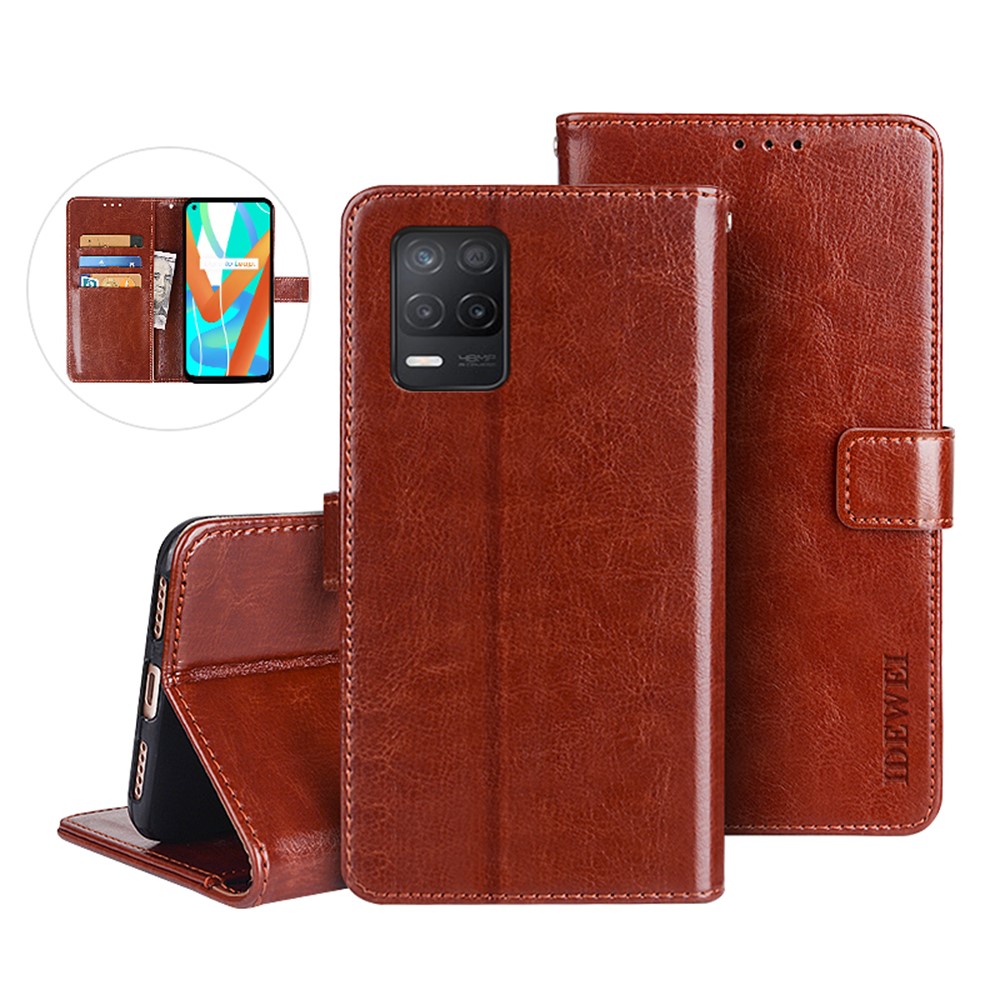 IDEWEI Folio Flip Crazy Horse Texture Leather Casing with Wallet Stand for Realme 8 5G - Brown-3