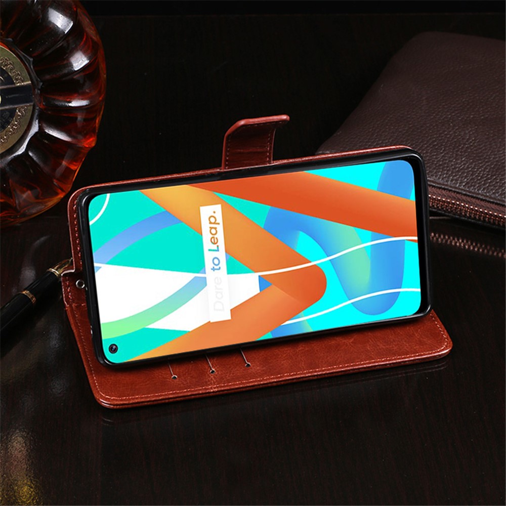 IDEWEI Folio Flip Crazy Horse Texture Leather Casing with Wallet Stand for Realme 8 5G - Brown-7