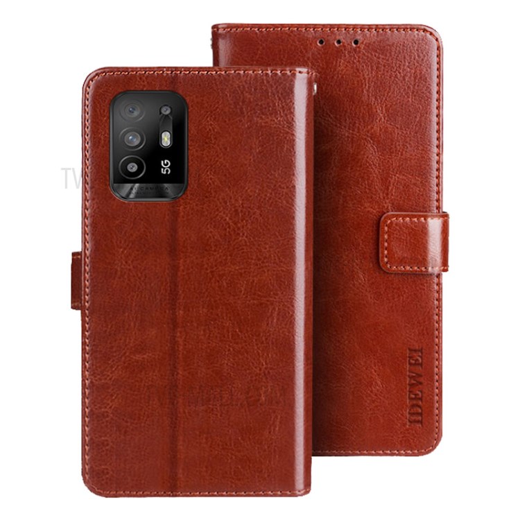 IDEWEI Folio Flip Wallet Crazy Horse Texture Leather Mobile Casing with Stand for Oppo A95 5G - Brown-1