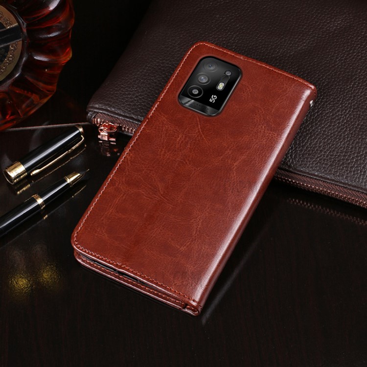 IDEWEI Folio Flip Wallet Crazy Horse Texture Leather Mobile Casing with Stand for Oppo A95 5G - Brown-10