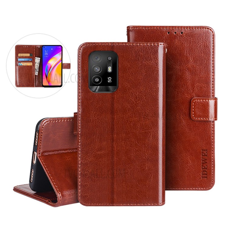 IDEWEI Folio Flip Wallet Crazy Horse Texture Leather Mobile Casing with Stand for Oppo A95 5G - Brown-3