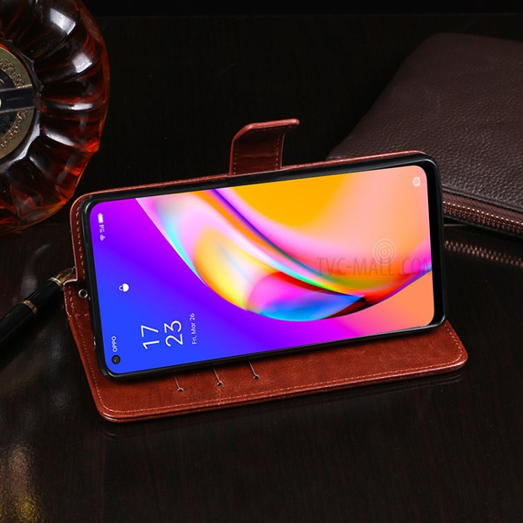 IDEWEI Folio Flip Wallet Crazy Horse Texture Leather Mobile Casing with Stand for Oppo A95 5G - Brown-7