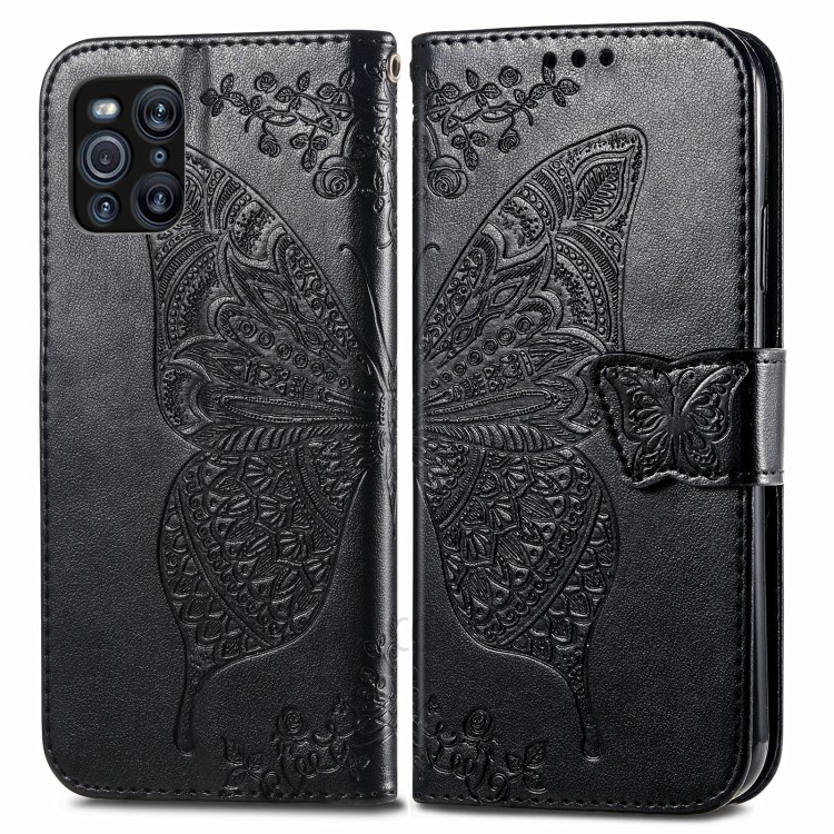 Big Butterfly Imprinted Leather Wallet Phone Shell Case for Oppo Find X3 Pro - Black-1