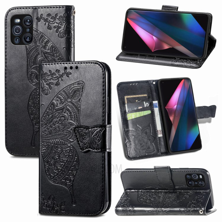 Big Butterfly Imprinted Leather Wallet Phone Shell Case for Oppo Find X3 Pro - Black-11