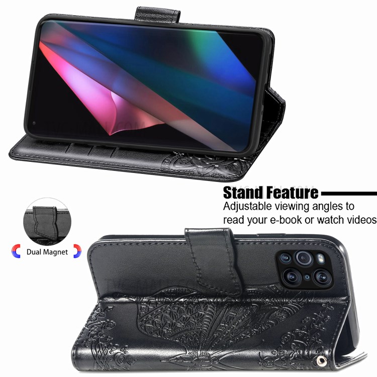 Big Butterfly Imprinted Leather Wallet Phone Shell Case for Oppo Find X3 Pro - Black-3