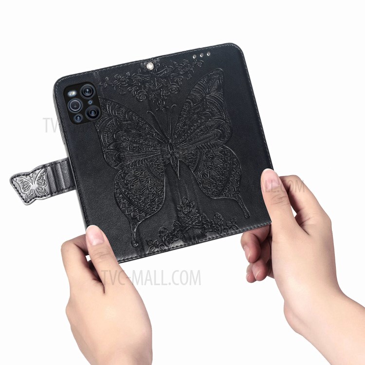 Big Butterfly Imprinted Leather Wallet Phone Shell Case for Oppo Find X3 Pro - Black-4