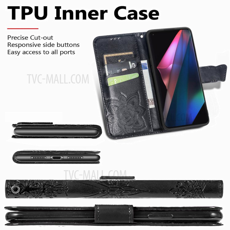 Big Butterfly Imprinted Leather Wallet Phone Shell Case for Oppo Find X3 Pro - Black-6