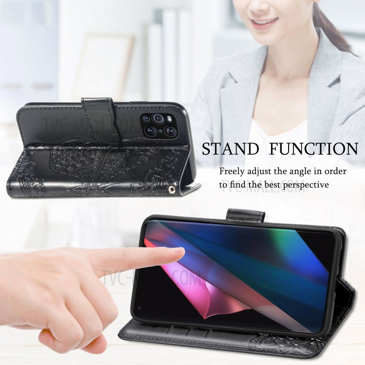 Big Butterfly Imprinted Leather Wallet Phone Shell Case for Oppo Find X3 Pro - Black-8