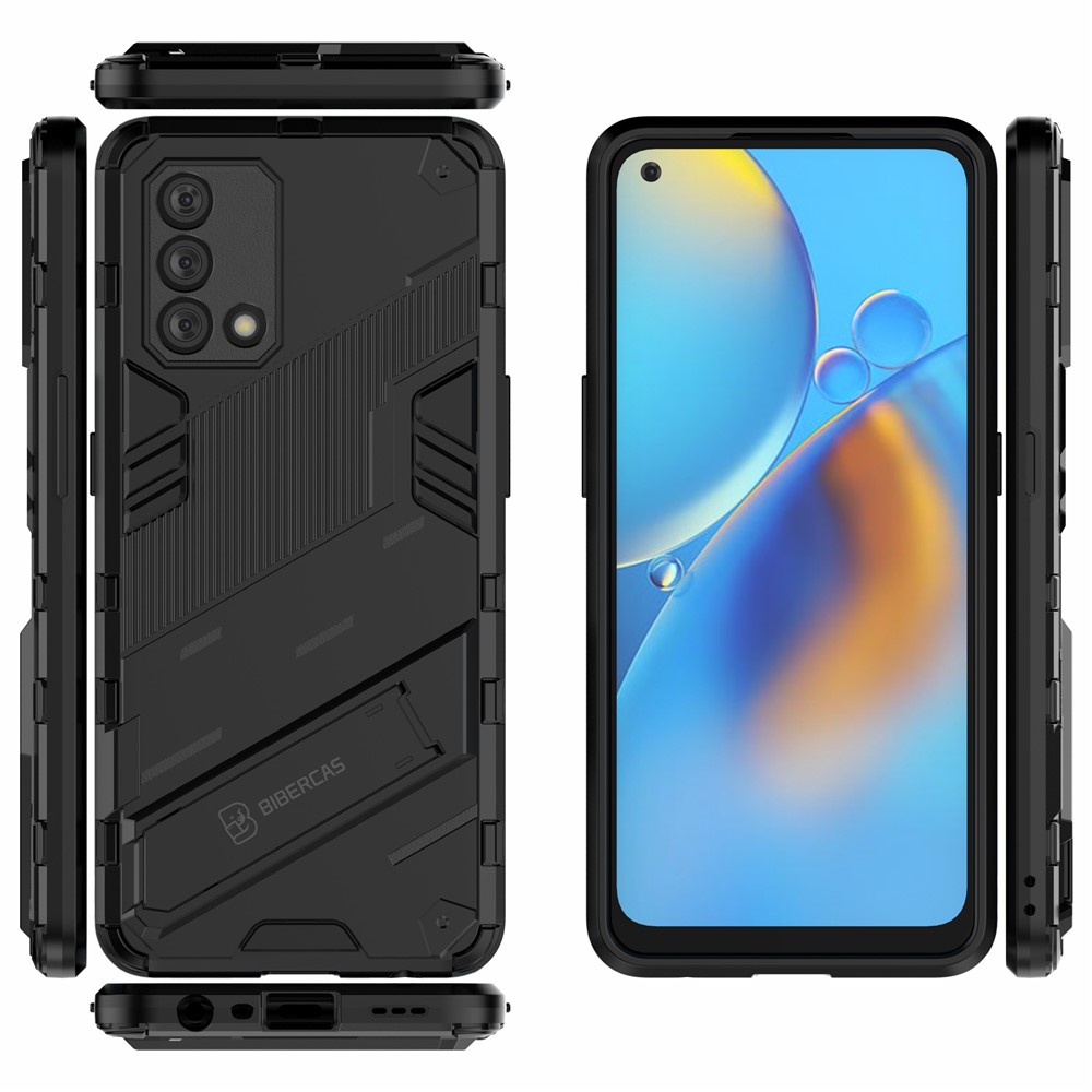 PC + TPU Shockproof Hybrid Phone Back Case Cover with Foldable Kickstand for Oppo A74 4G - Black-3
