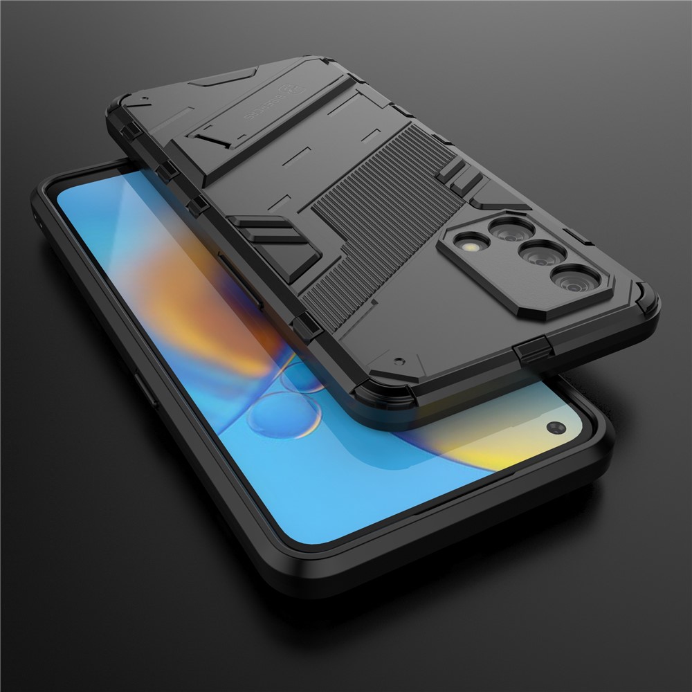 PC + TPU Shockproof Hybrid Phone Back Case Cover with Foldable Kickstand for Oppo A74 4G - Black-8