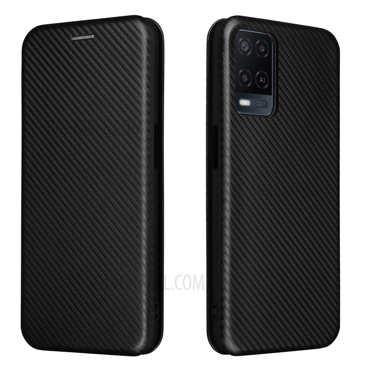 Stand Cover for Oppo A54 4G Auto-absorbed Carbon Fiber Texture Leather Case - Black-1