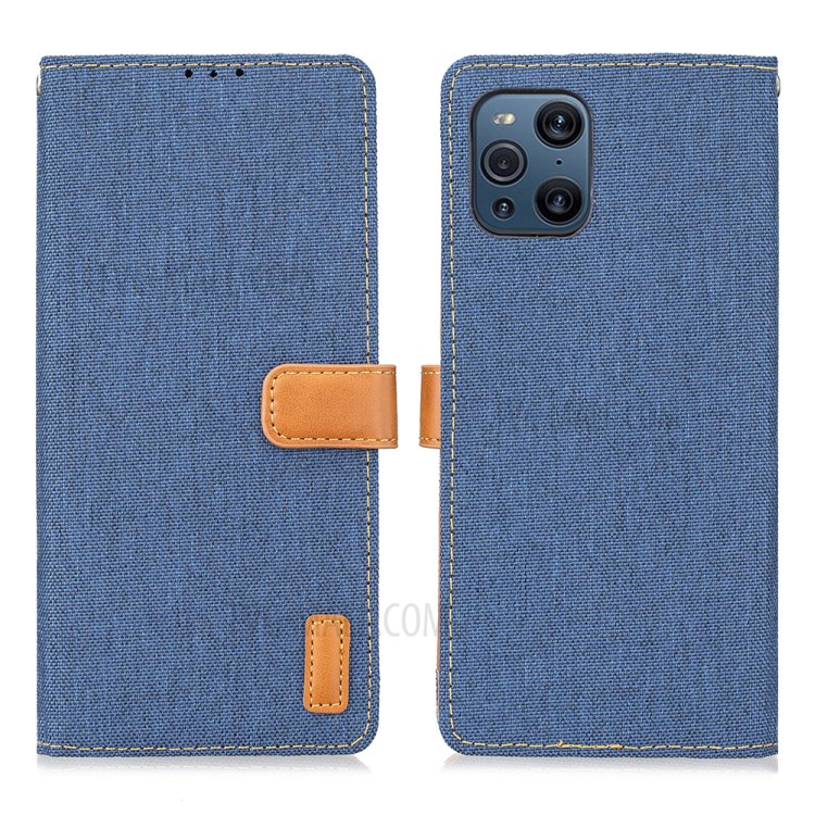 Wallet PU Leather Stand Protector Jeans Cloth Texture Case for Oppo Find X3 Pro Cover - Dark Blue-1