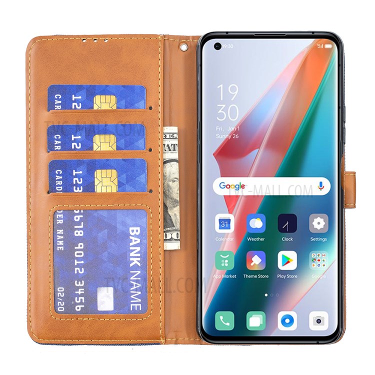 Wallet PU Leather Stand Protector Jeans Cloth Texture Case for Oppo Find X3 Pro Cover - Dark Blue-6