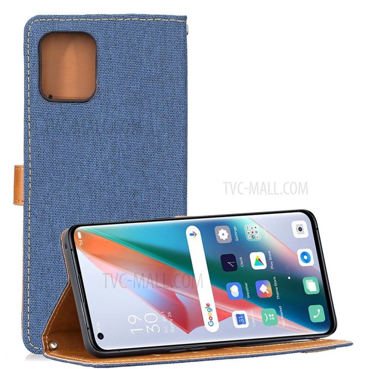 Wallet PU Leather Stand Protector Jeans Cloth Texture Case for Oppo Find X3 Pro Cover - Dark Blue-7