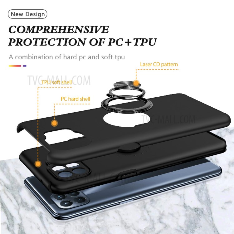 Shockproof Plastic+TPU Hybrid Cell Phone Case Cover Protector with Ring Kickstand for Oppo A93 4G - Black-4