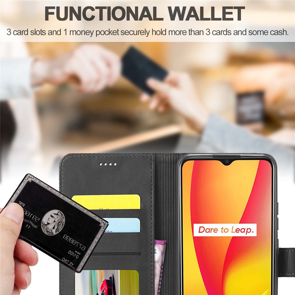 LC.IMEEKE Wallet Stand Design Phone Full Protection Leather Shell Case for Realme C15/C12/C25 - Black-3