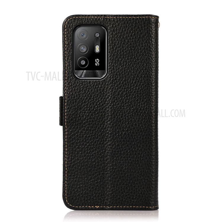 KHAZNEH Litchi Texture Genuine Leather Wallet Stand Case with Anti-theft Swiping RFID Blocking for Oppo F19 Pro - Black-3