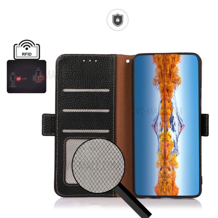 KHAZNEH Litchi Texture Genuine Leather Wallet Stand Case with Anti-theft Swiping RFID Blocking for Oppo F19 Pro - Black-8