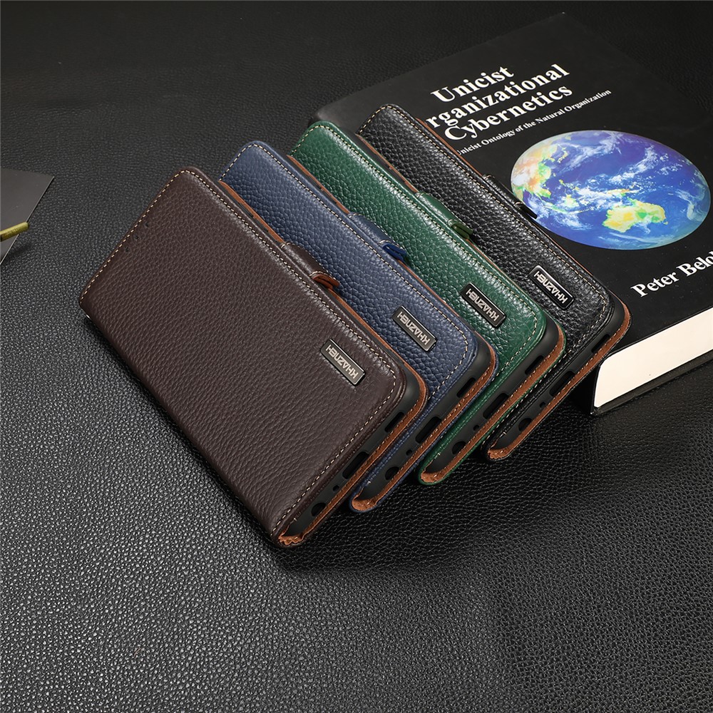 KHAZNEH Litchi Skin RFID Blocking Wallet Stand Design Genuine Leather Case Shell for Oppo Find X3 Neo/Reno5 Pro+ 5G - Black-12