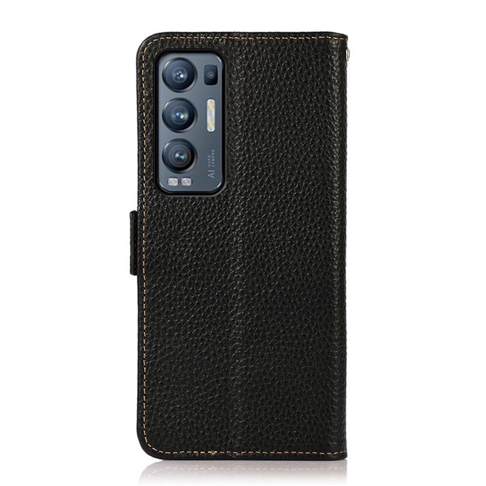 KHAZNEH Litchi Skin RFID Blocking Wallet Stand Design Genuine Leather Case Shell for Oppo Find X3 Neo/Reno5 Pro+ 5G - Black-3