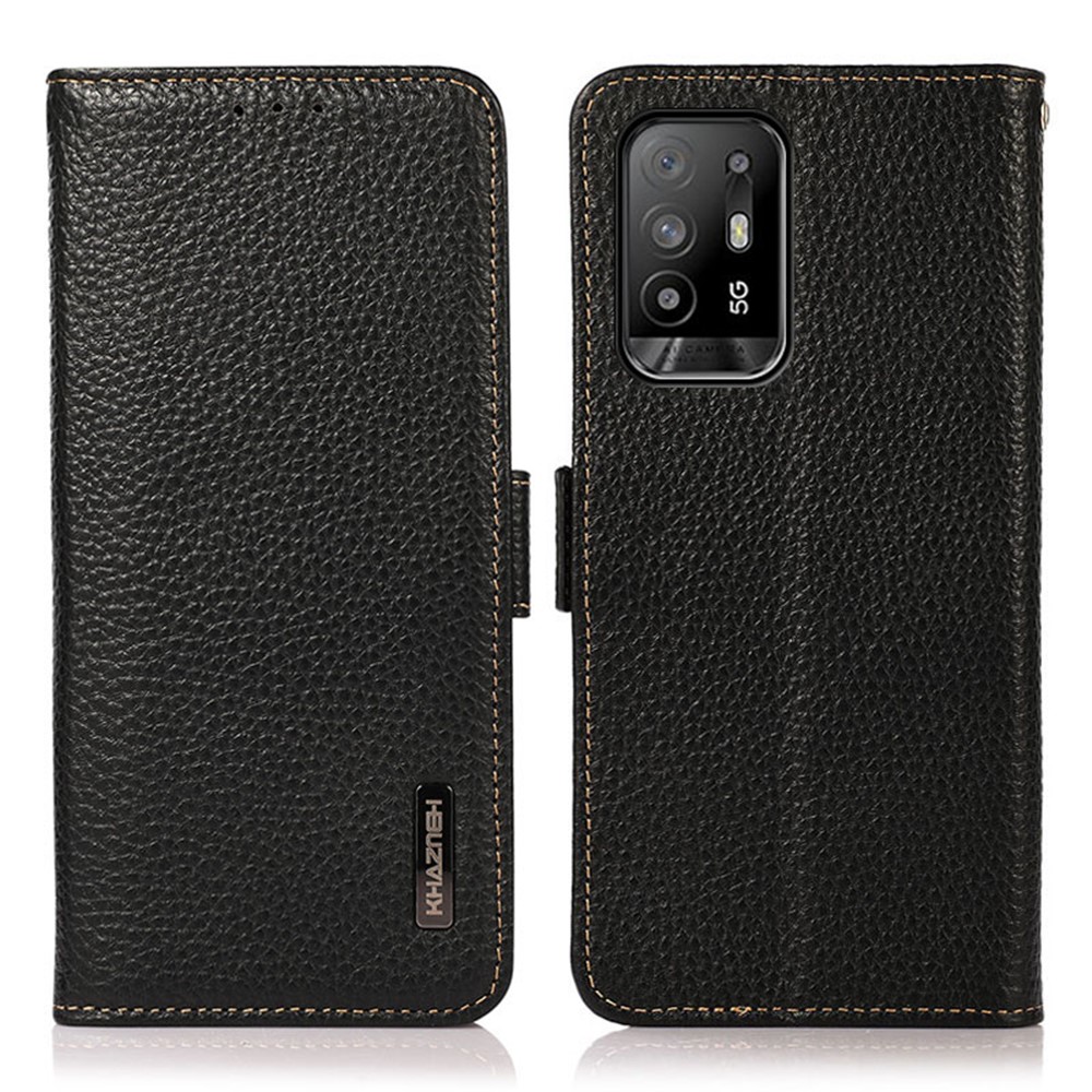 KHAZNEH Litchi Skin Genuine Leather Cellphone Wallet Case Cover with RFID Blocking for Oppo F19 Pro+ 5G/Reno5 Z/A94 5G - Black-1