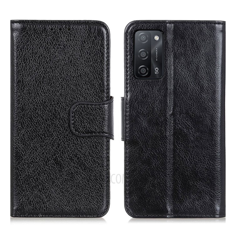 Full-Protection Nappa Texture Wallet Design Split Leather Stand Phone Cover Shell for Oppo A55 5G/A53s 5G - Black-1