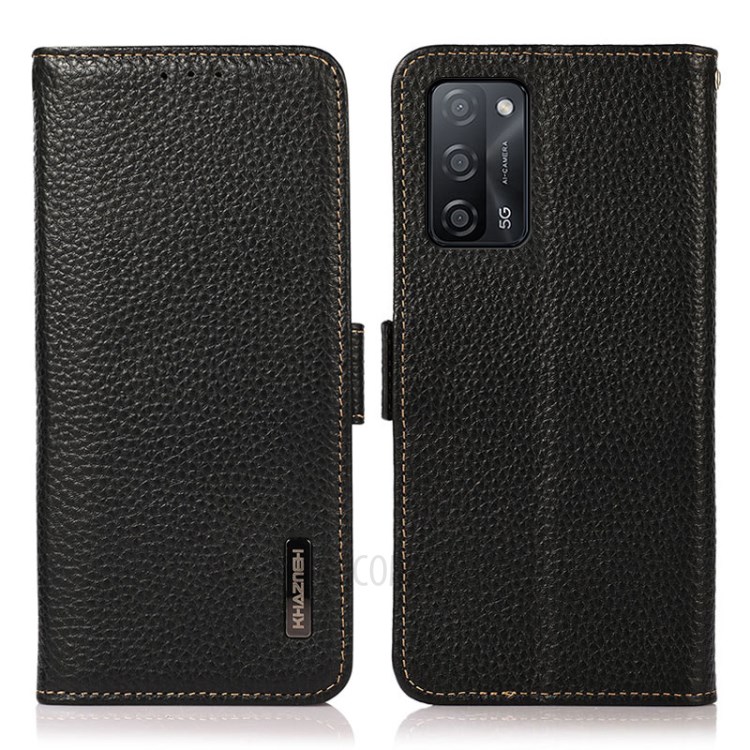 KHAZNEH Anti-theft Swiping RFID Blocking Litchi Texture Genuine Leather Well-Protected Phone Case for Oppo A55 5G/A53s - Black-1