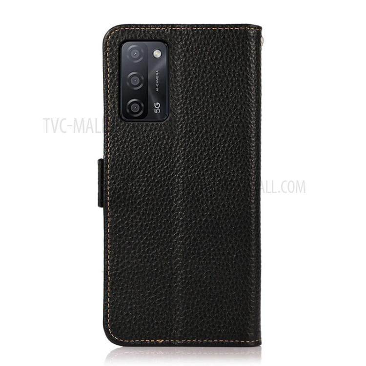KHAZNEH Anti-theft Swiping RFID Blocking Litchi Texture Genuine Leather Well-Protected Phone Case for Oppo A55 5G/A53s - Black-3
