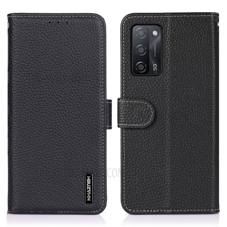 KHAZNEH Litchi Texture Top Layer Genuine Leather Wallet Shell Cell Phone Case for Oppo A55 5G/A53s 5G - Black-1