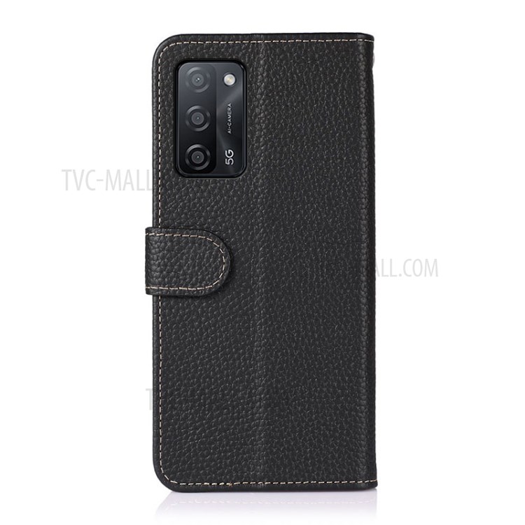 KHAZNEH Litchi Texture Top Layer Genuine Leather Wallet Shell Cell Phone Case for Oppo A55 5G/A53s 5G - Black-3